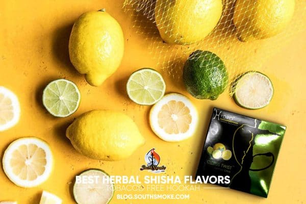 Hydro Herbal Shisha Citrus Twist with lemons and slices of real lemon and lime on yellow background
