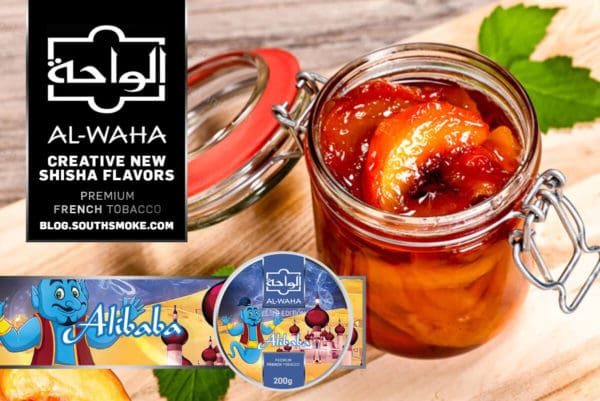 Alibaba Al-Waha Shisha Flavor - jarred peaches in syrup on wooden cutting board
