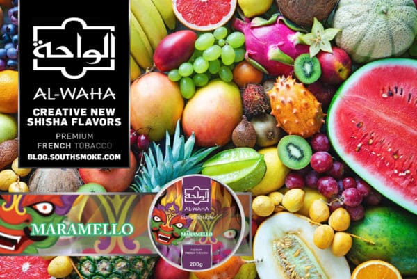 Al-Waha Maramello Exotic Shisha - picture of mangoes, pineapple, watermelon, grapes, kiwis, and tropical fruits