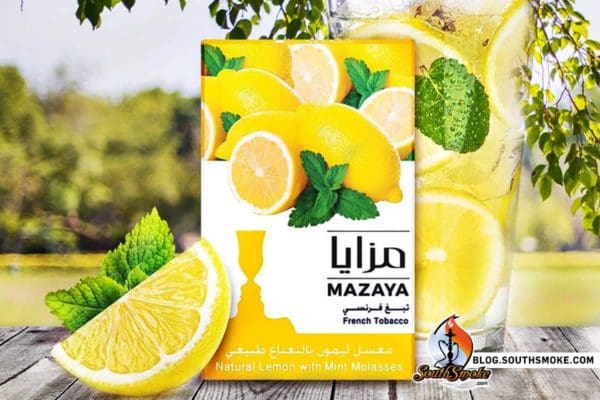 Mazaya Tobacco on picnic table with lemon and lemonade - Mazaya Lemon and Mint