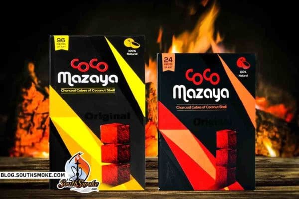 Coco Mazaya Charcoal Cube Boxes in 24 and 96 pieces with a camp fire in the background