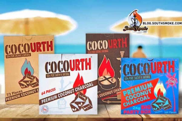 CocoUrth coconut charcoal in 72, 64, 2kg boxes with beach scene in background