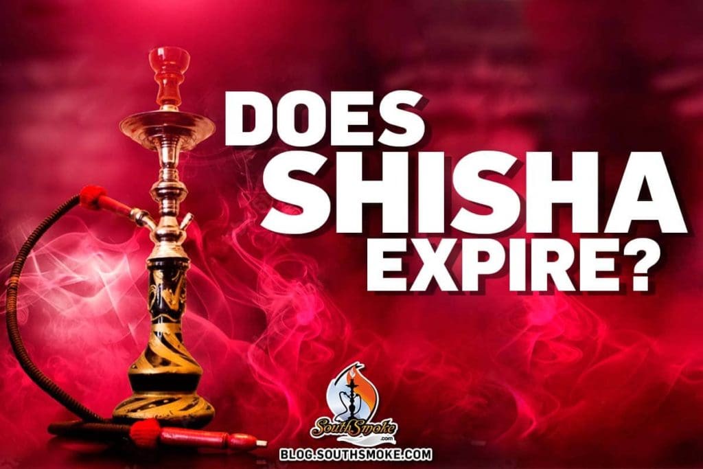 Black and gold hookah with a red smokey background and bold font saying "Does Shisha Expire?"