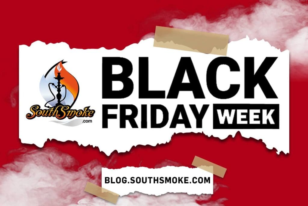 South Smoke logo with Black Friday Week in bold on ripped paper on a red background with smoke around.
