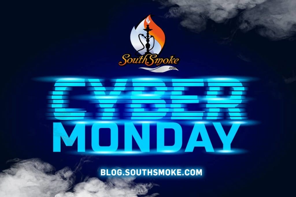 South Smoke Logo above static Cyber Monday text with smoke in the background.