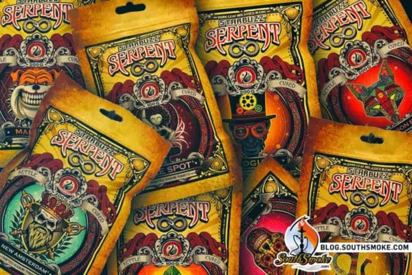 Starbuzz Tobacco Serpent Line pouches on top of one another.