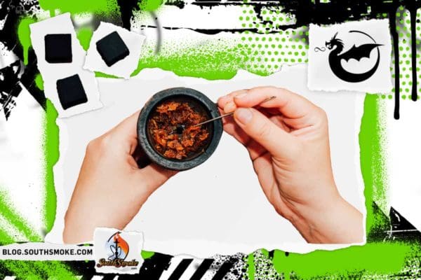 Hands Packing a Shisha Bowl with Hookah Charcoal beside it with a Urban and Vibrant Green Background