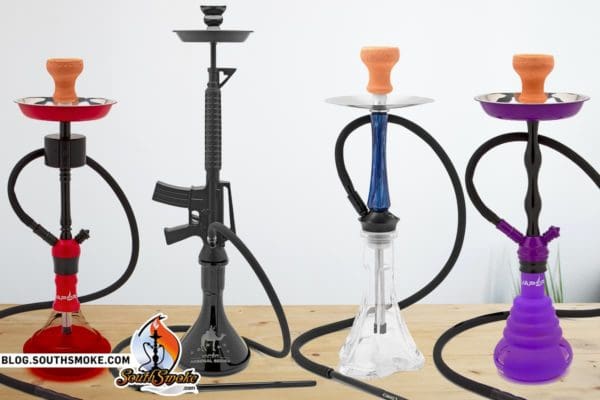 4 Different Style Hookahs by Vapor Hookah USA on a wooden table. 