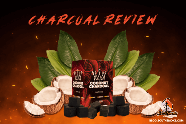 Al Fakher Coconut Charcoal surrounded by halved coconuts, charcoal cubes, and palm leaves