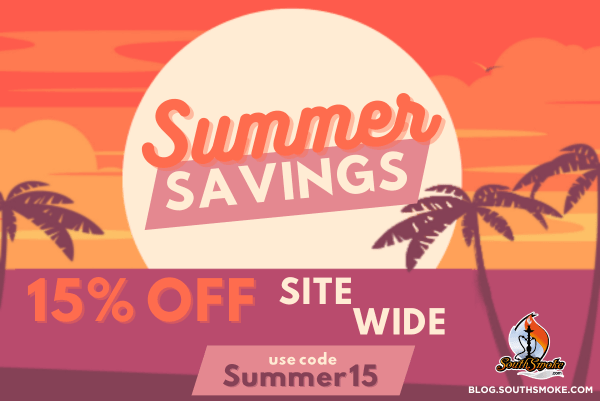 Graphic of pink orange sunset with horizon and palm tree 15% off site wide summer savings