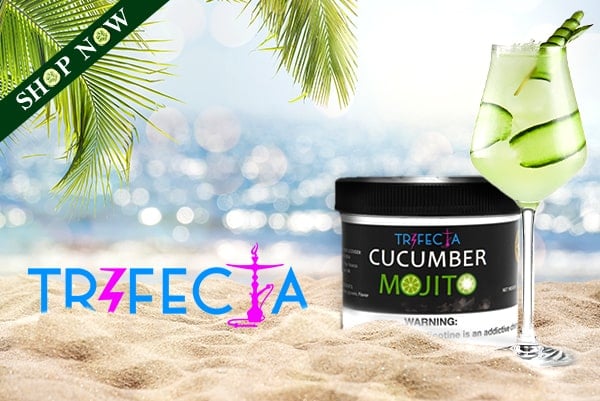 Trifecta Cucumber Mojito tobacco on beach with palm trees and a mojito cocktail