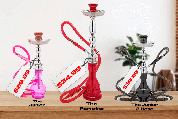 the Junior, Paradox, and the Junior double hose hookahs