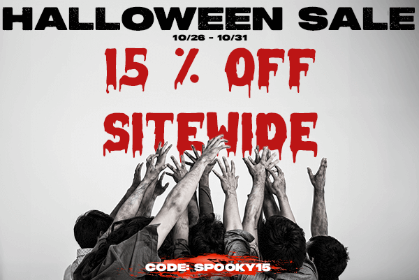 Halloween Sale 15% off sitewide in bloody font with zombies