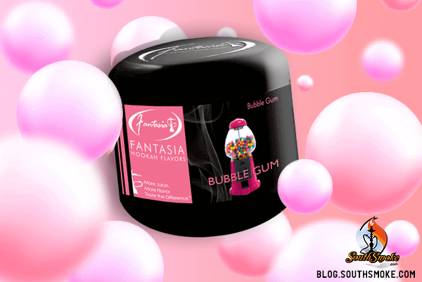 Fantasia Shisha bubblegum flavor container surrounded by pink bubbles
