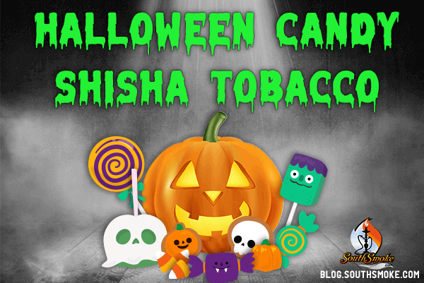 Halloween Candy shisha tobacco banner with cartoon ghosts, pumpkins, and candies