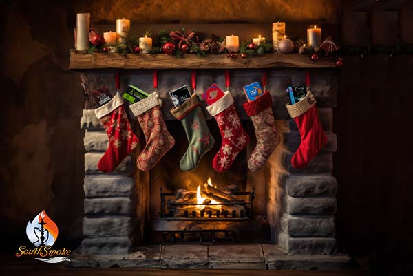 Fireplace with stockings hanging and hookah coal in each of the stockings